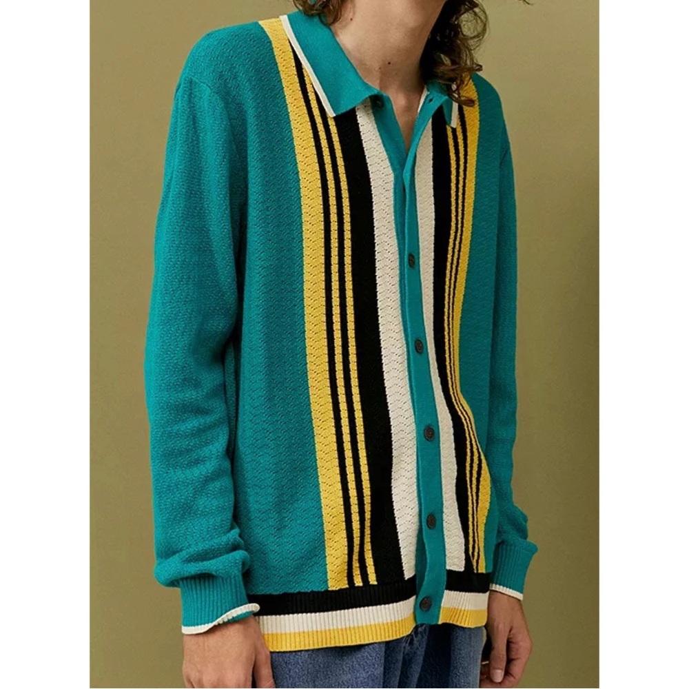 Urban Outfitters Green Yellow Knit Polo Sweater Button Top Preppy Stripes Size M